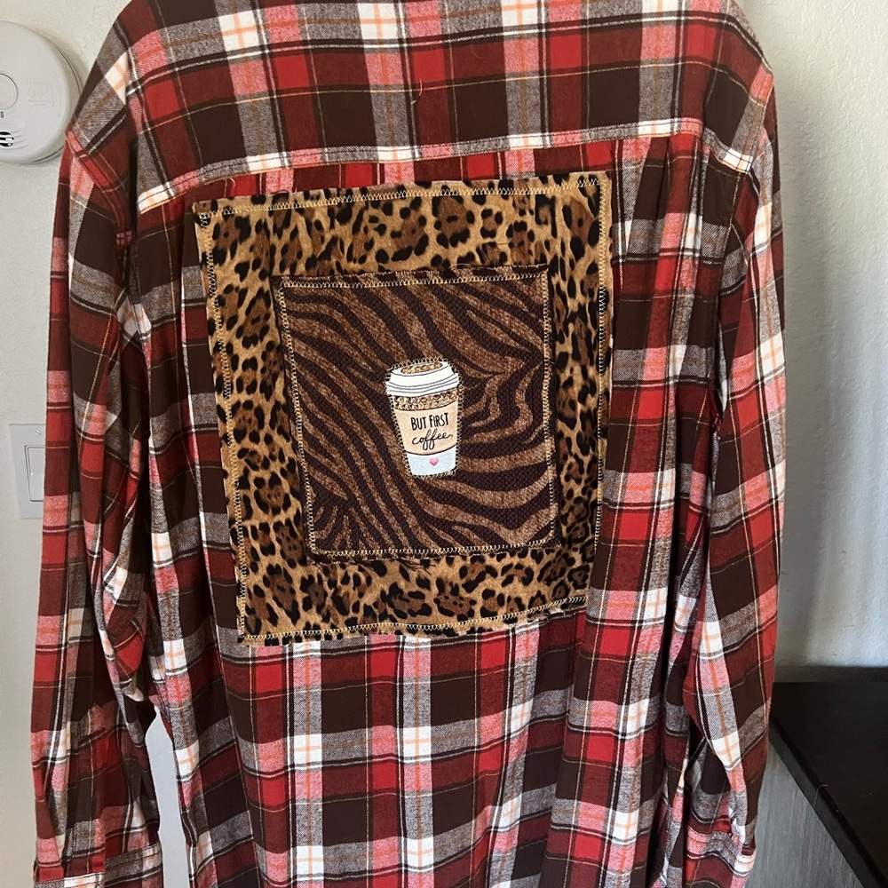 Three XL flannel, red and brown plaid button down shirt